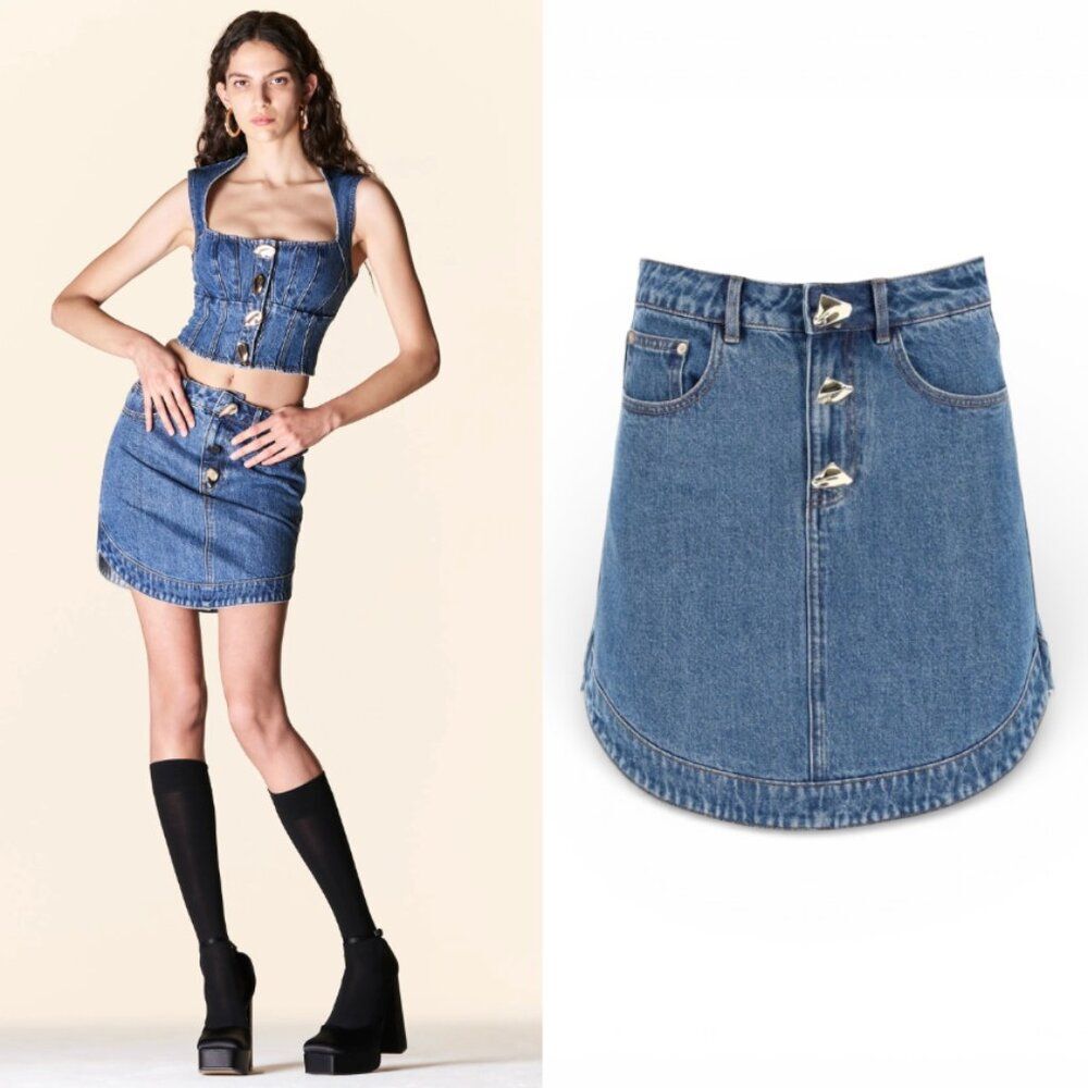 Self Portrait Denim Mini Skirt Mid Blue Wash Gold Buttons Size 0